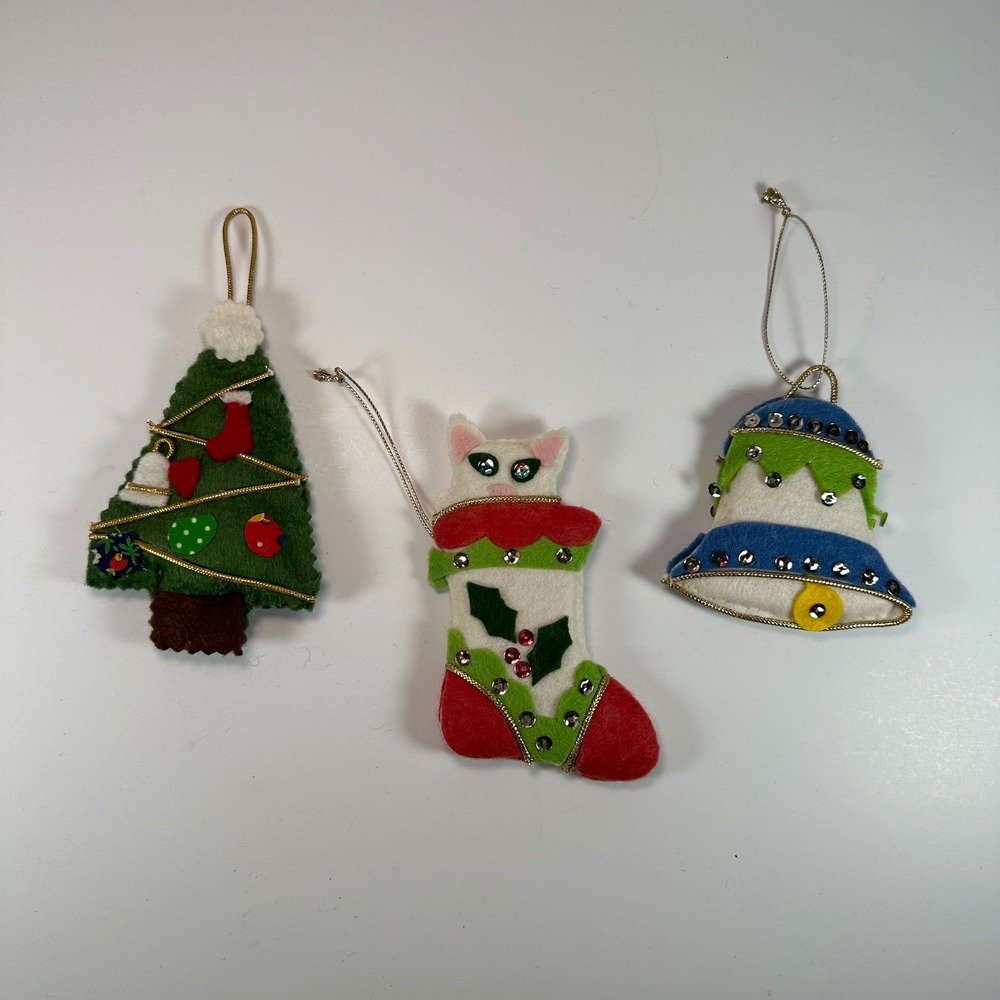 Vintage Handmade Felt Christmas Ornaments Set 3 Cat Stocking Tree Bell Sequins